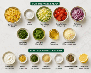 ir Fryer Pasta Salad ingredients including farfalle pasta, Napa cabbage, cherry tomatoes, red onion, parsley, basil, olive oil, Parmesan cheese, Greek yogurt, mustard, dill, garlic, black pepper, salt, and lemon juice.