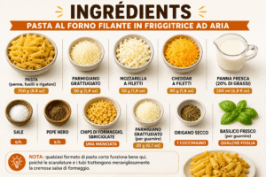 Ingredienti per la pasta al forno filante in friggitrice ad aria con pasta, parmigiano, mozzarella, cheddar e panna fresca
