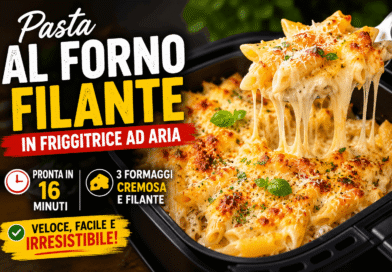 Pasta al forno filante in friggitrice ad aria, cremosa e dorata con tre formaggi