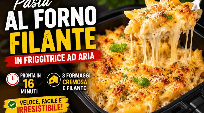 Pasta al forno filante in friggitrice ad aria, cremosa e dorata con tre formaggi