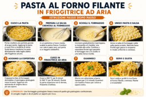 Preparazione passo dopo passo della pasta al forno filante in friggitrice ad aria, dalla cottura della pasta alla gratinatura finale