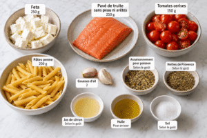 Ingrédients pour les pâtes à la truite à l’Air Fryer : feta, pavé de truite, tomates cerises, pâtes penne, ail, assaisonnement pour poisson, herbes de Provence, jus de citron, huile et sel.