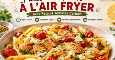 Pâtes à la truite à l’Air Fryer avec feta, tomates cerises, herbes fraîches et citron, servies dans un grand plat.