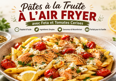 Pâtes à la truite à l’Air Fryer avec feta, tomates cerises, herbes fraîches et citron, servies dans un grand plat.