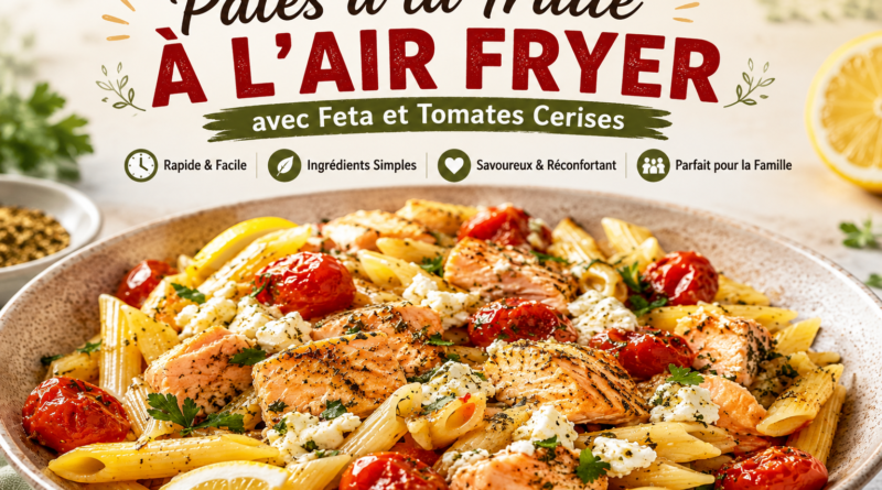 Pâtes à la truite à l’Air Fryer avec feta, tomates cerises, herbes fraîches et citron, servies dans un grand plat.