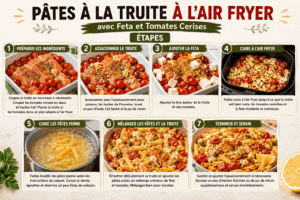 Image 3 – Étapes:
Étapes de préparation des pâtes à la truite à l’Air Fryer avec feta et tomates cerises, de la préparation des ingrédients jusqu’au mélange des pâtes et au service.
