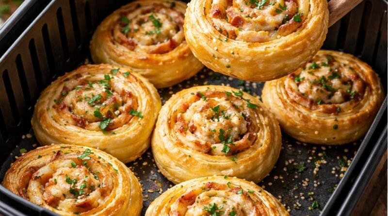 Roulés de pâte feuilletée au bacon à l’air fryer, croustillants et dorés, servis avec une sauce crémeuse à l’ail
