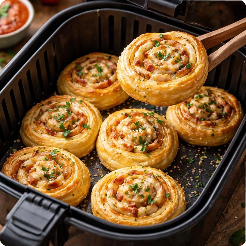 Roulés de pâte feuilletée au bacon à l’air fryer, croustillants et dorés, servis avec une sauce crémeuse à l’ail