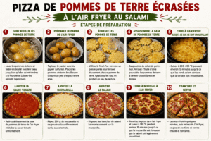 Étapes de préparation de la pizza de pommes de terre écrasées à l’Air Fryer au salami, de la cuisson des pommes de terre jusqu’à l’ajout des garnitures et la cuisson finale.