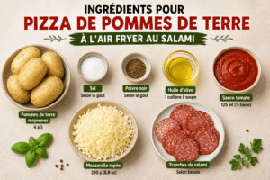 Ingrédients pour pizza de pommes de terre à l’Air Fryer au salami : pommes de terre, sauce tomate, mozzarella, salami, huile d’olive, sel et poivre.