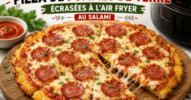 Pizza de pommes de terre écrasées à l’Air Fryer au salami, avec mozzarella fondue et base croustillante.