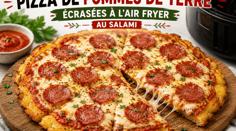 Pizza de pommes de terre écrasées à l’Air Fryer au salami, avec mozzarella fondue et base croustillante.