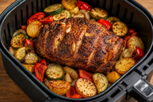 Air fryer pork with roasted vegetables