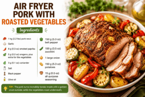 Ingredients for air fryer pork with roasted vegetables, including pork neck, garlic, potatoes, zucchini, bell pepper, onion, olive oil and seasonings.