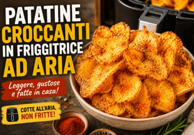 Patatine croccanti in friggitrice ad aria, dorate e speziate, servite in una ciotola con paprika affumicata e rosmarino