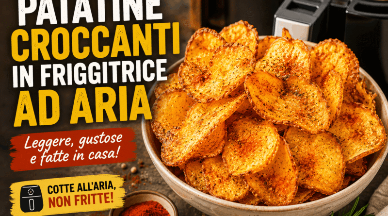 Patatine croccanti in friggitrice ad aria, dorate e speziate, servite in una ciotola con paprika affumicata e rosmarino