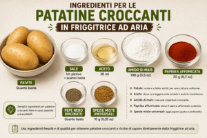 Ingredienti per le patatine croccanti in friggitrice ad aria con patate, aceto, amido di mais, paprika affumicata, sale, pepe nero e spezie miste