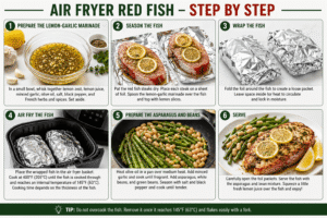 Step-by-step infographic showing how to make Air Fryer Red Fish, from preparing the lemon-garlic marinade and seasoning the fish to wrapping, air frying, preparing asparagus and beans, and serving with fre