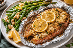 Air Fryer Red Fish ingredients arranged neatly, including red fish steaks, fresh garlic, lemon, olive oil, salt, black pepper, French herbs, asparagus, white beans, and green beans.