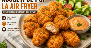Nuggeți de pui crocanți preparați la air fryer, serviți cu sos de casă