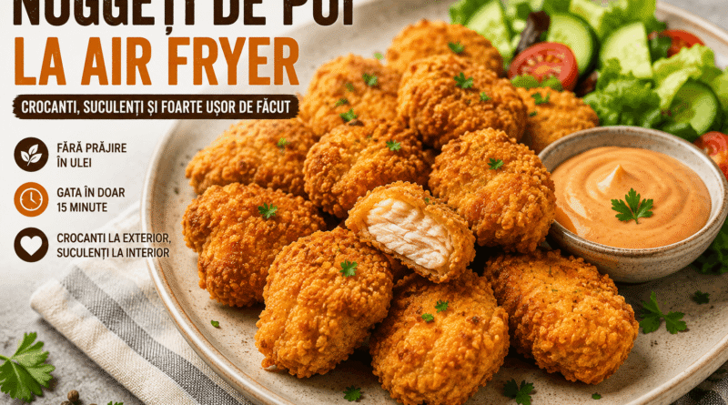 Nuggeți de pui crocanți preparați la air fryer, serviți cu sos de casă