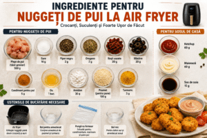 Ingrediente pentru nuggeți de pui la air fryer, inclusiv piept de pui, pesmet, ou, condimente și turmeric