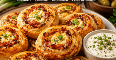 Crispy bacon puff pastry rolls made in an air fryer, served with creamy garlic dip