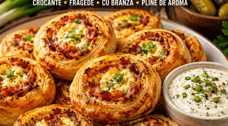 Crispy bacon puff pastry rolls made in an air fryer, served with creamy garlic dip