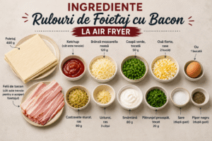 Pașii pentru prepararea rulourilor de foietaj cu bacon la air fryer, de la umplere și rulare până la coacere și servire