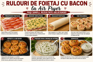 Step-by-step preparation of bacon puff pastry rolls in the air fryer, from adding the filling and rolling to cooking and serving