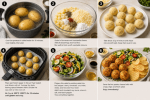 Air Fryer Potato Cheese Balls step-by-step preparation from boiling potatoes to shaping, air frying, salad preparation, and serving