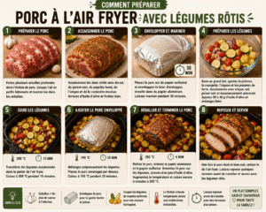 Étapes de préparation du porc à l’Air Fryer avec légumes rôtis, de l’assaisonnement à la cuisson et au service