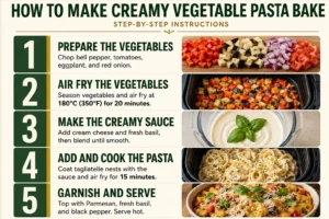 Creamy vegetable pasta bake ingredients including bell pepper, tomatoes, eggplant, red onion, cream cheese, basil, herbs, olive oil, tagliatelle pasta and Parmesan