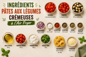Ingrédients des pâtes aux légumes crémeuses à l’Air Fryer avec poivron, tomates, aubergine, fromage frais et tagliatelles
