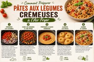 Étapes de préparation des pâtes aux légumes crémeuses à l’Air Fryer avec légumes rôtis, sauce crémeuse et tagliatelles