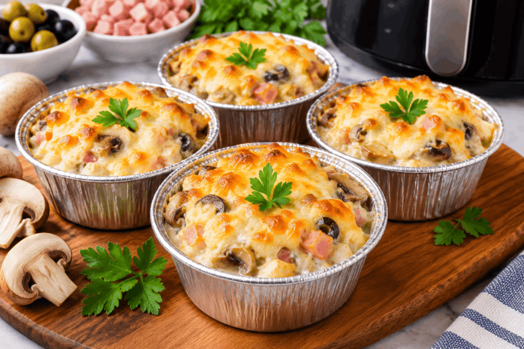 Air Fryer Chicken and Mushroom Julienne with melted mozzarella, mushrooms and ham