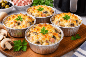 Air Fryer Chicken and Mushroom Julienne with melted mozzarella, mushrooms and ham