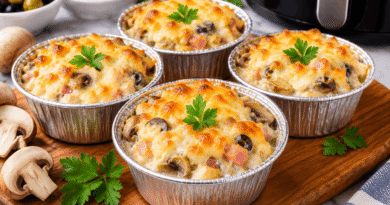 Air Fryer Chicken and Mushroom Julienne with melted mozzarella, mushrooms and ham