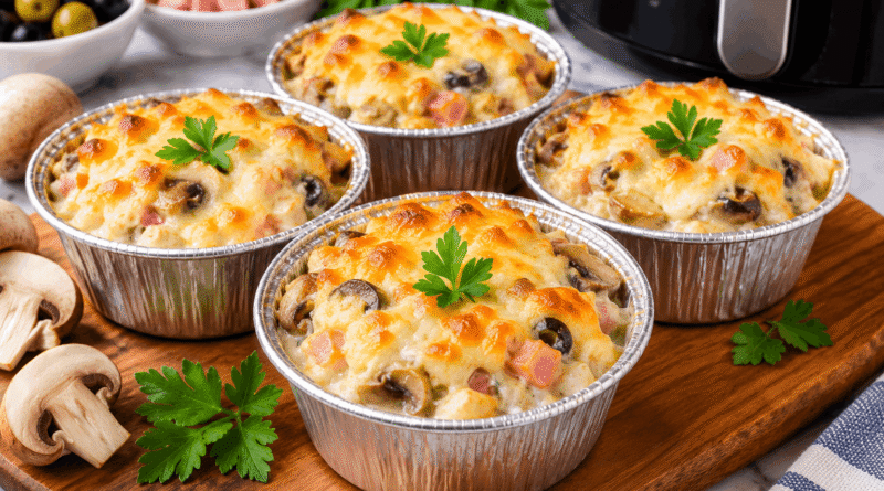 Air Fryer Chicken and Mushroom Julienne with melted mozzarella, mushrooms and ham