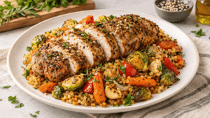 Air fryer pork loin with roasted vegetables and bulgur, topped with herbs and seeds.