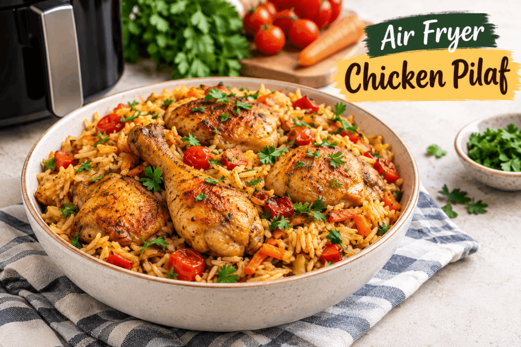 air fryer chicken pilaf with rice and vegetables