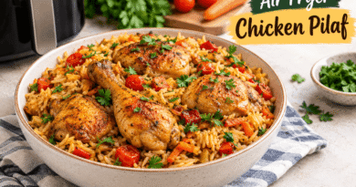 air fryer chicken pilaf with rice and vegetables