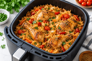 Juicy air fryer chicken pilaf with seasoned rice and colorful vegetables.