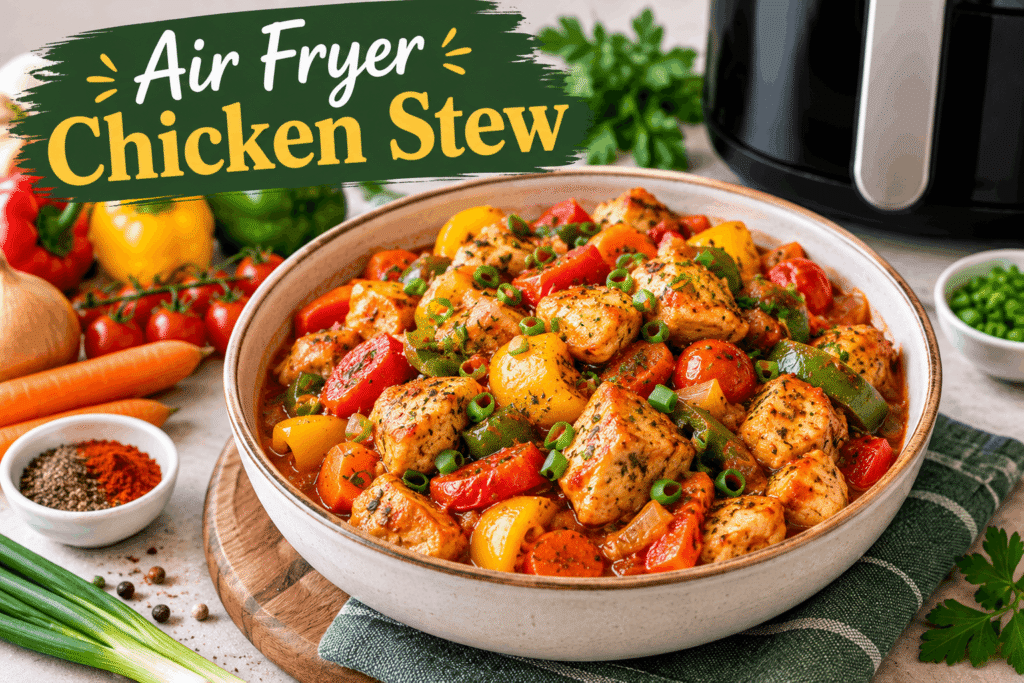 Air Fryer Chicken Stew with juicy chicken, colorful vegetables and tomato sauce