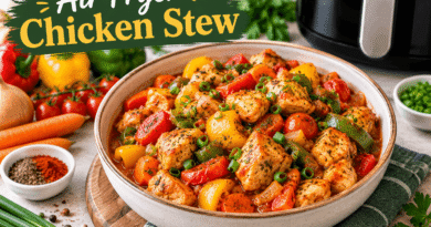 Air Fryer Chicken Stew with juicy chicken, colorful vegetables and tomato sauce