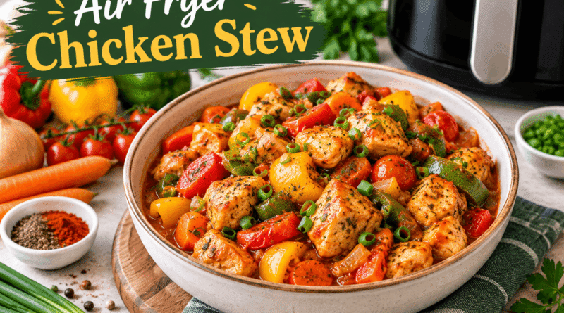 Air Fryer Chicken Stew with juicy chicken, colorful vegetables and tomato sauce